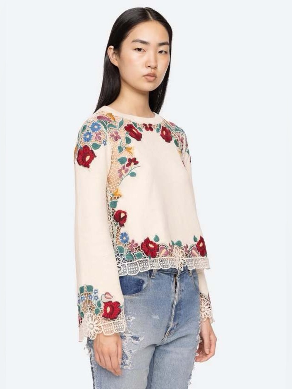Sea New York || Katharine Embroidered Sweater Floral Ivory Cream Multi Small